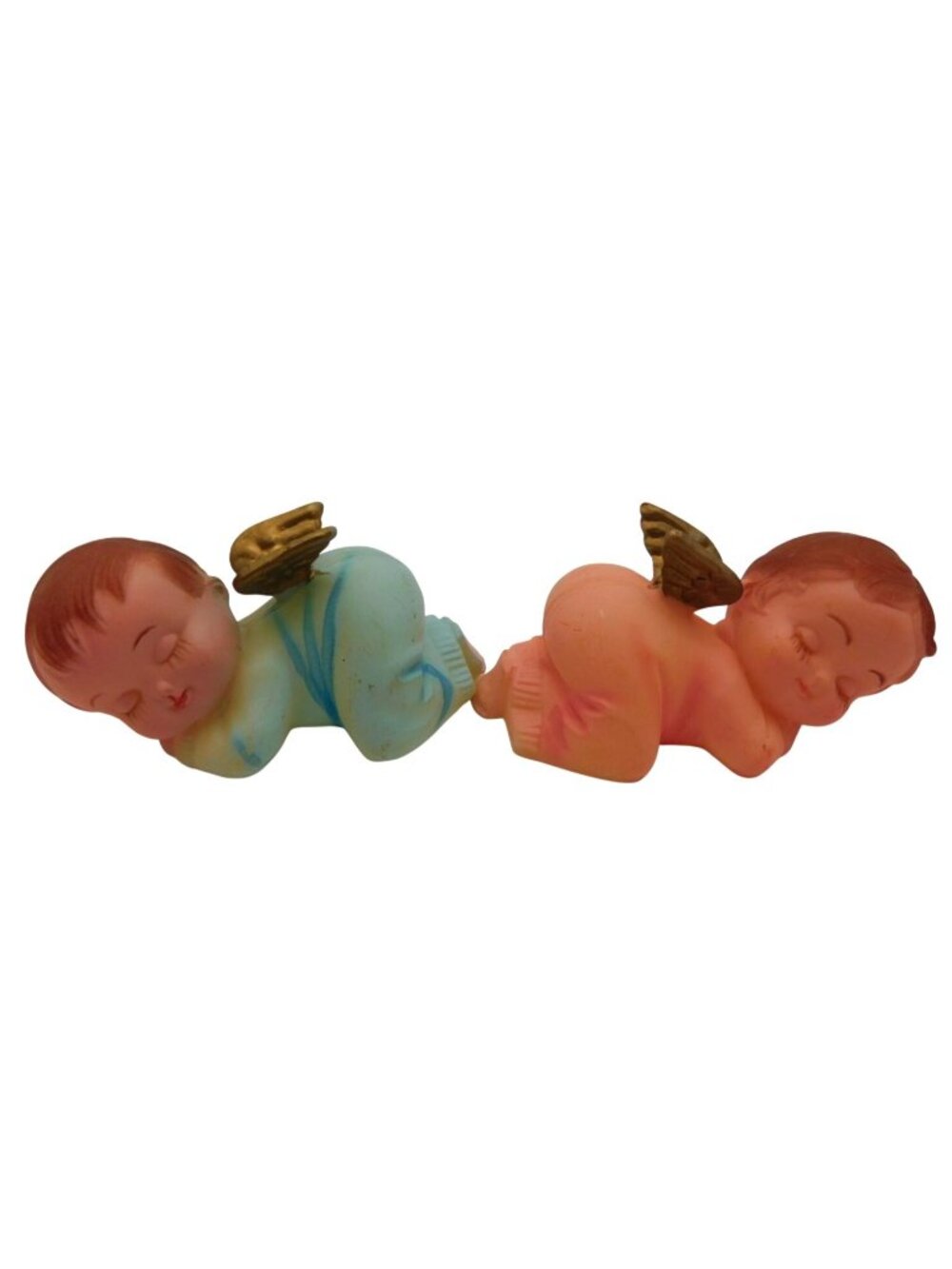 Vintage Celluloid Plastic Sleeping Baby Angels Pink Blue Ornaments Cake Topper